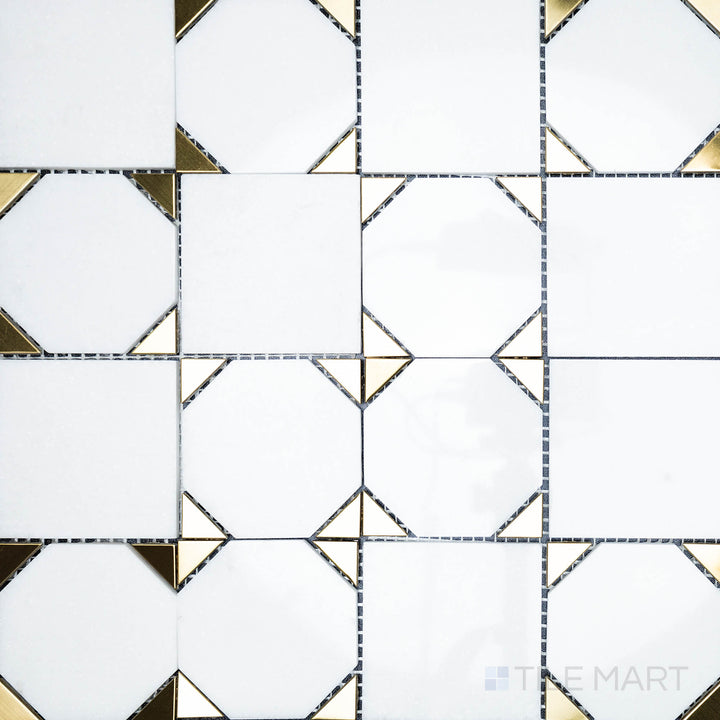 Seen from above, the Rockart Thassos Square Polished Marble and Stainless Steel Mosaic features a sleek blend of white marble and metallic accents, creating a contemporary grid-like design.