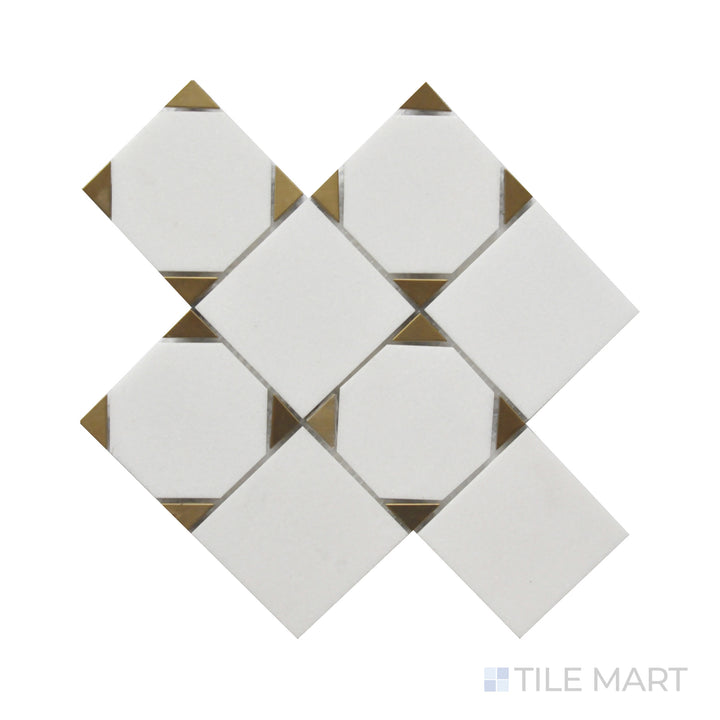 A refined close-up of Rockart Thassos Square Polished Marble, Stainless Steel Mosaic, blending classic white marble with contemporary stainless steel accents for a sleek, polished look.