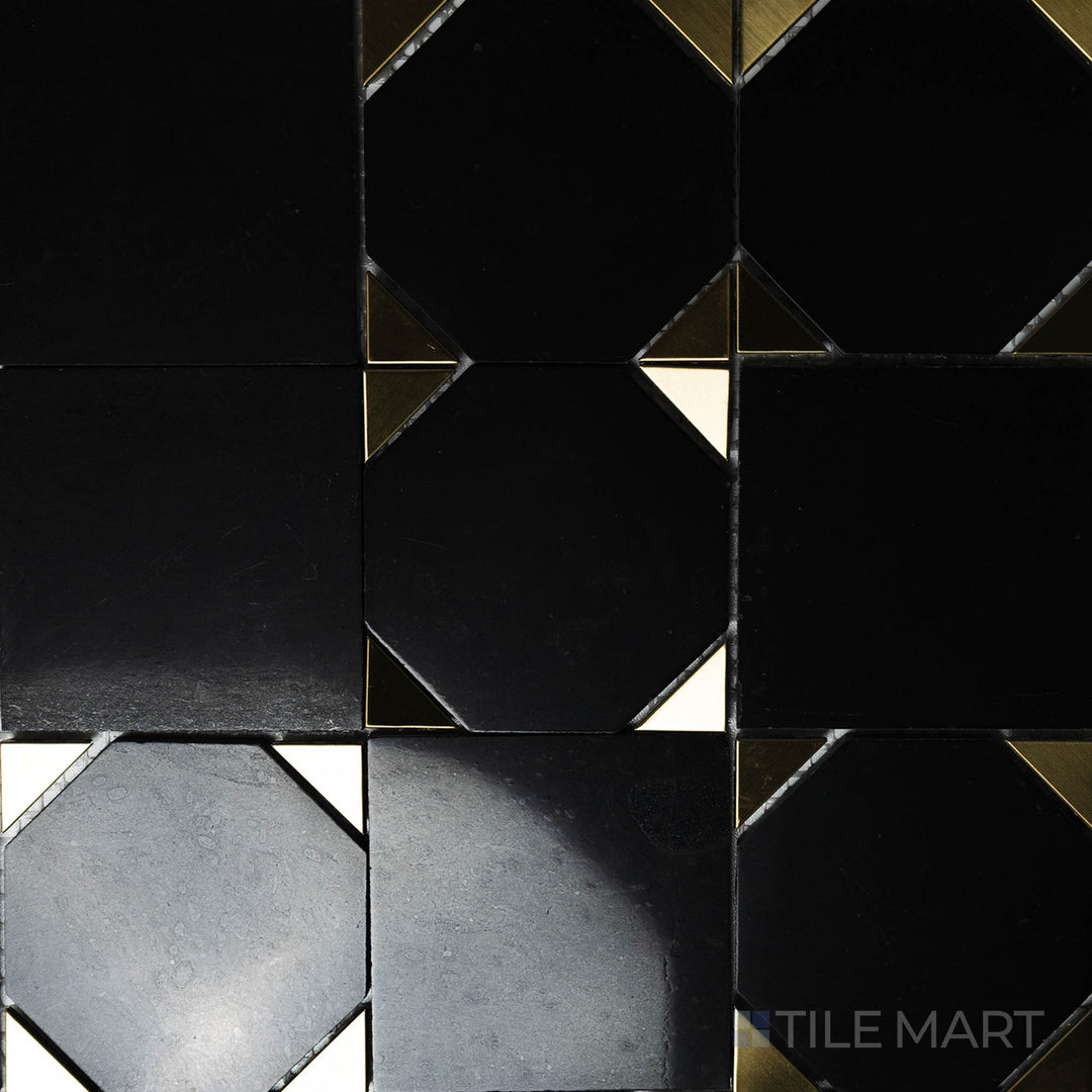 An overhead view of the Rockart Nero Marquina Square Polished Mosaic highlights its refined black marble with natural veining, arranged in a structured square format for a sophisticated look.