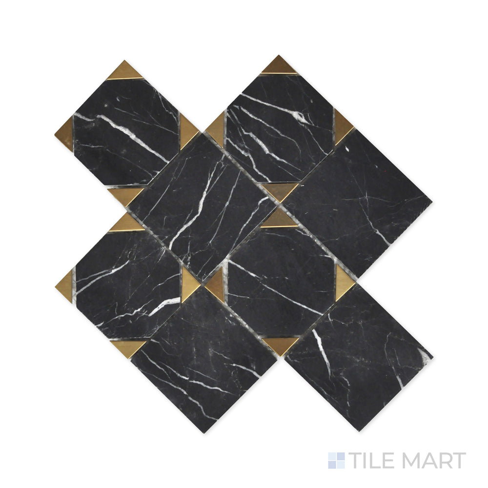 Close-up of Rockart Nero Marquina Square Polished Mosaic, featuring rich black marble with contrasting white veining in a classic square arrangement.