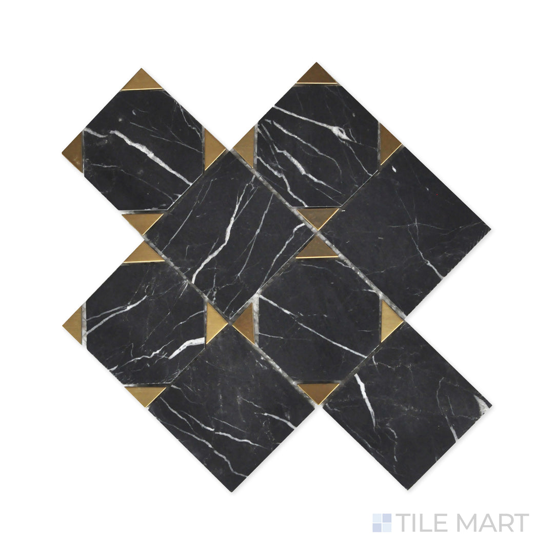 Close-up of Rockart Nero Marquina Square Polished Mosaic, featuring rich black marble with contrasting white veining in a classic square arrangement.
