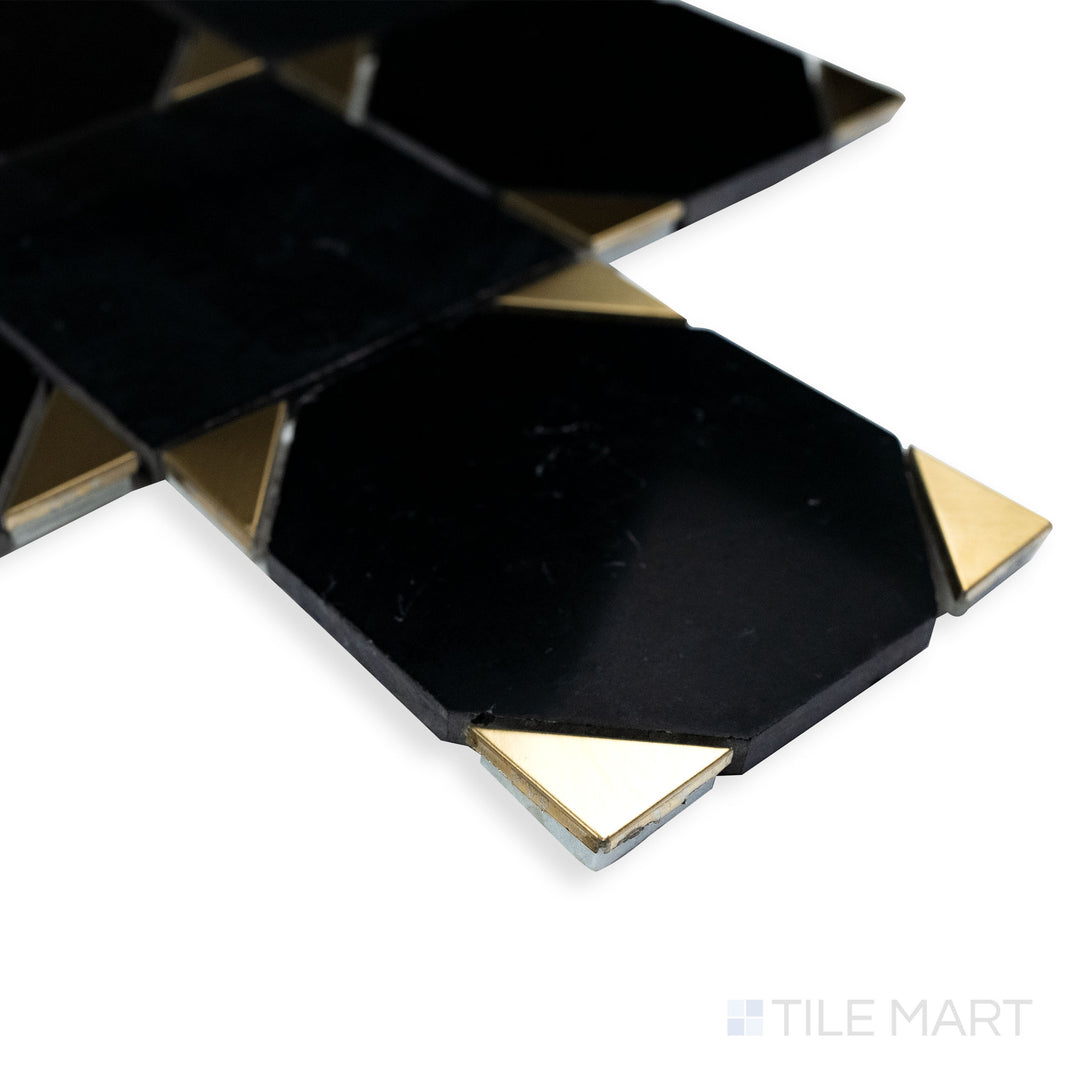 A bold and sophisticated corner shot of Rockart Nero Marquina Square polished mosaic, showcasing its polished black marble with a clean square layout.
