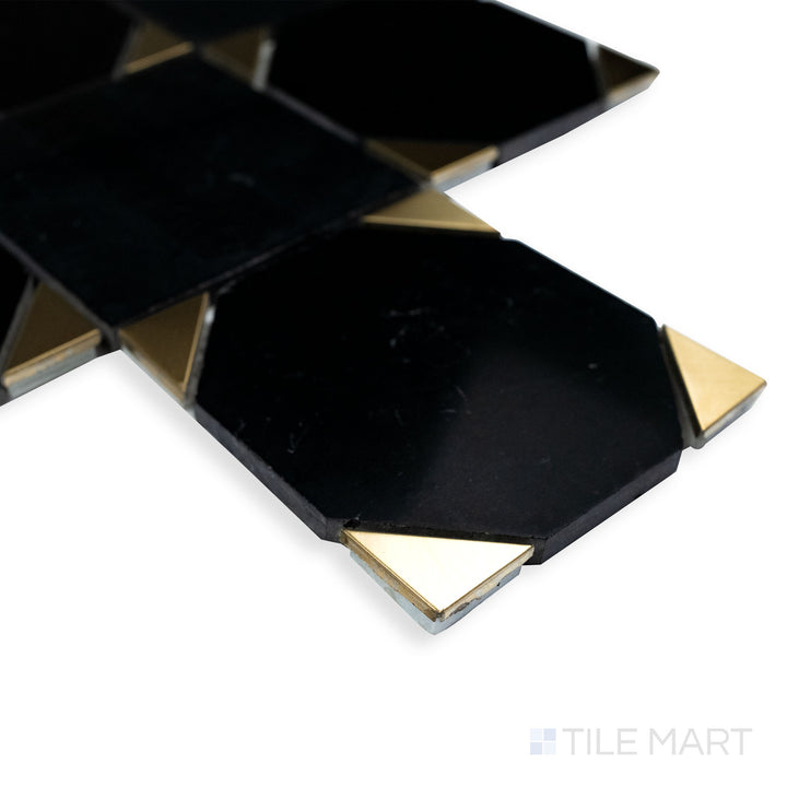 A bold and sophisticated corner shot of Rockart Nero Marquina Square polished mosaic, showcasing its polished black marble with a clean square layout.