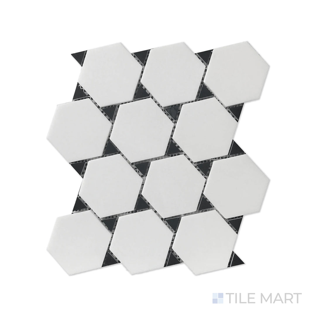 Detailed look at Rockart Thassos & Nero Marquina Dot Polished Mosaic, blending crisp white and deep black marble in a playful yet sophisticated dot pattern.