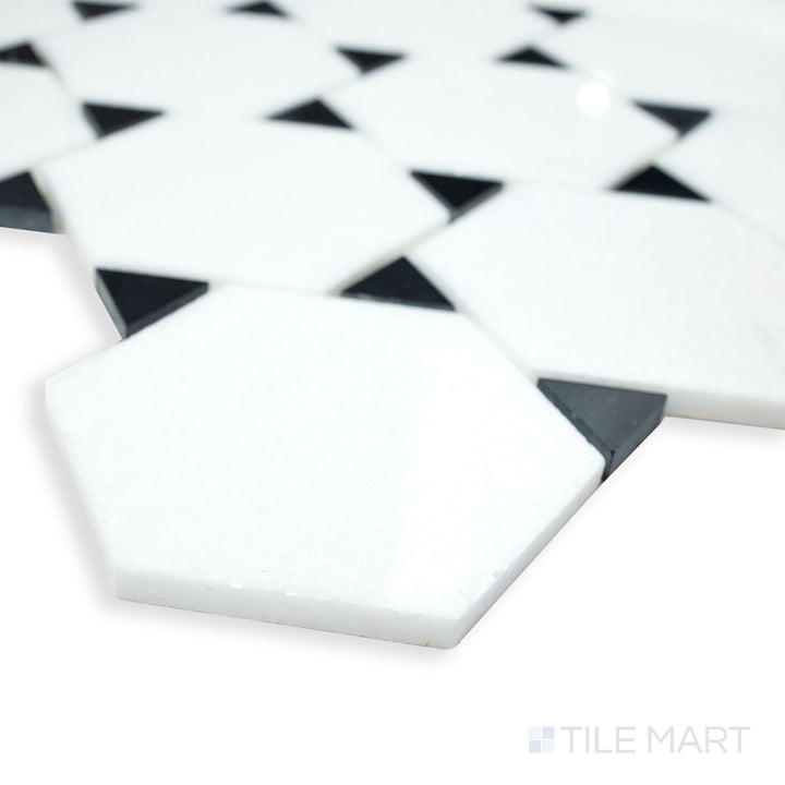 Rockart Thassos & Nero Marquina Dot polished mosaic in a corner perspective, featuring an elegant contrast of black and white marble dots.