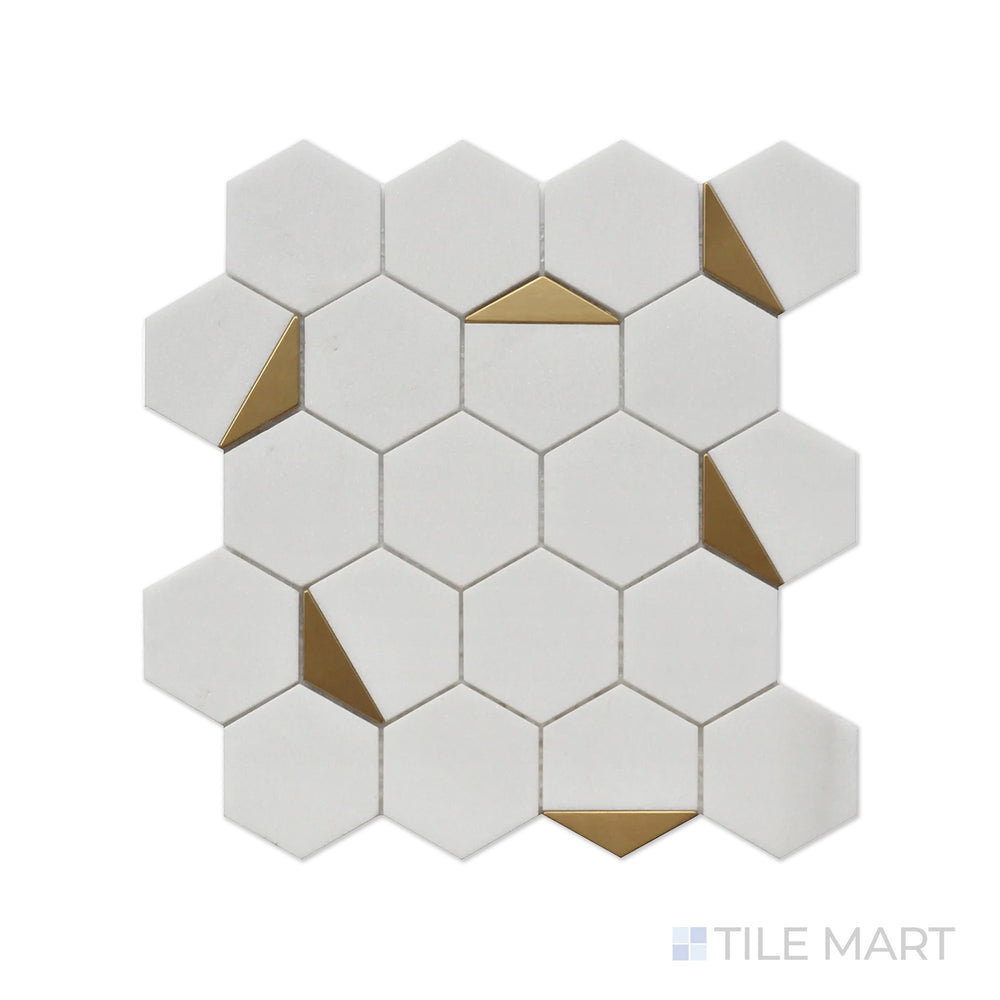 Close-up of Rockart Thassos Hexagon Polished Mosaic, featuring pristine white Thassos marble arranged in a modern hexagonal pattern with a polished surface.