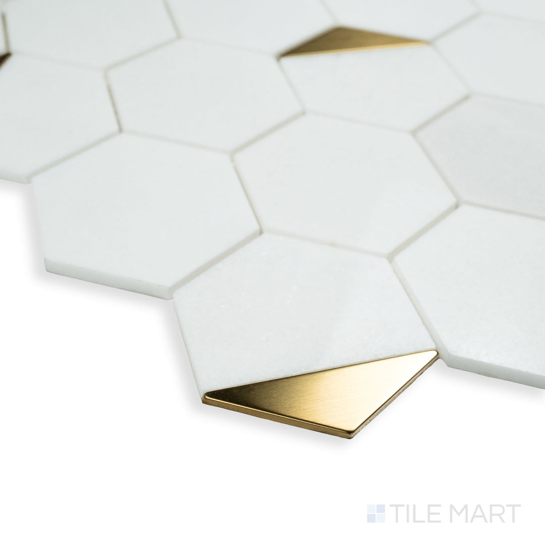 A timeless corner shot of Rockart Thassos Hexagon polished mosaic, showcasing its geometric hexagonal design and bright white marble texture.
