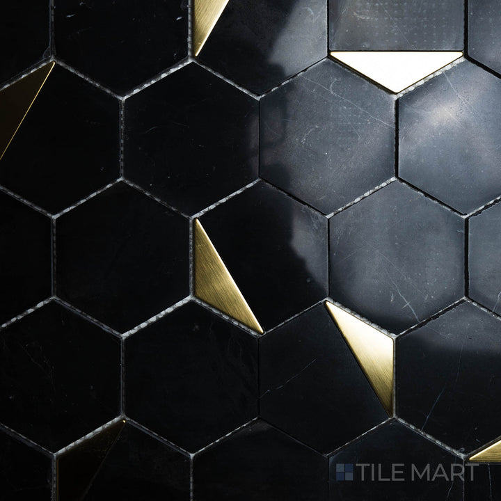 An overhead shot of the Rockart Nero Marquina Hexagon Polished Mosaic emphasizes its bold black marble with natural veining, arranged in a contemporary hexagonal layout for a striking statement.