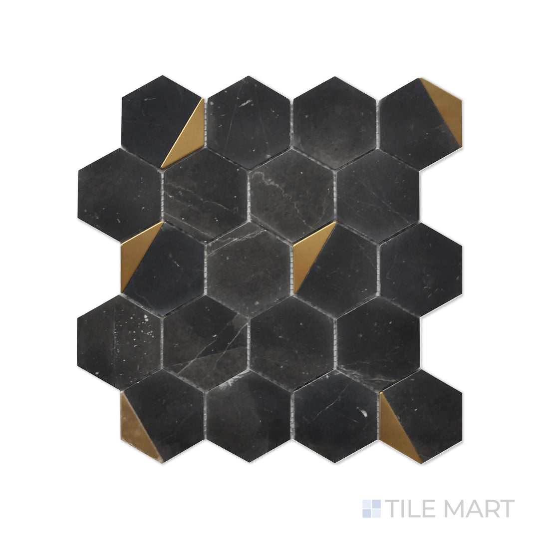 Zoomed-in view of Rockart Nero Marquina Hexagon Polished Mosaic, where deep black marble meets sleek hexagonal geometry for a contemporary and polished finish.