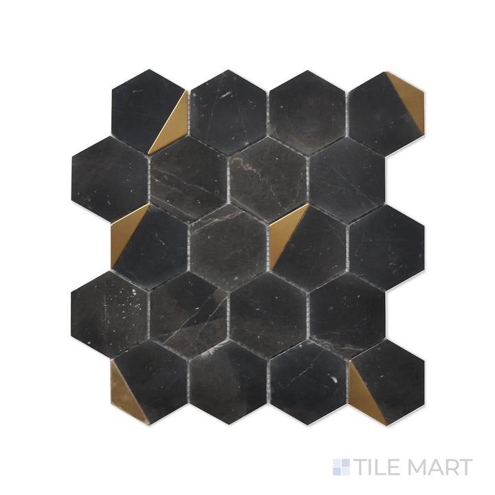 Zoomed-in view of Rockart Nero Marquina Hexagon Polished Mosaic, where deep black marble meets sleek hexagonal geometry for a contemporary and polished finish.