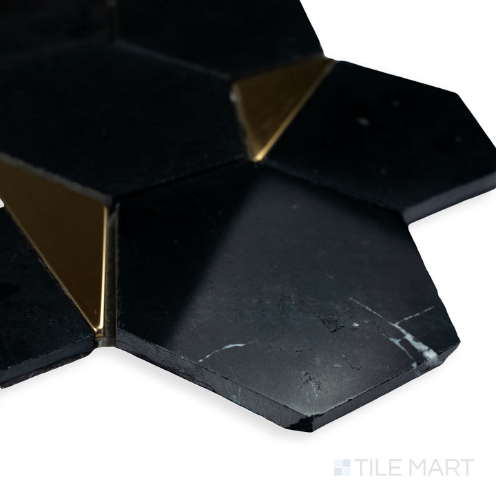 Rockart Nero Marquina Hexagon polished mosaic captured in a modern corner view, emphasizing its deep black marble and sleek hexagonal layout.