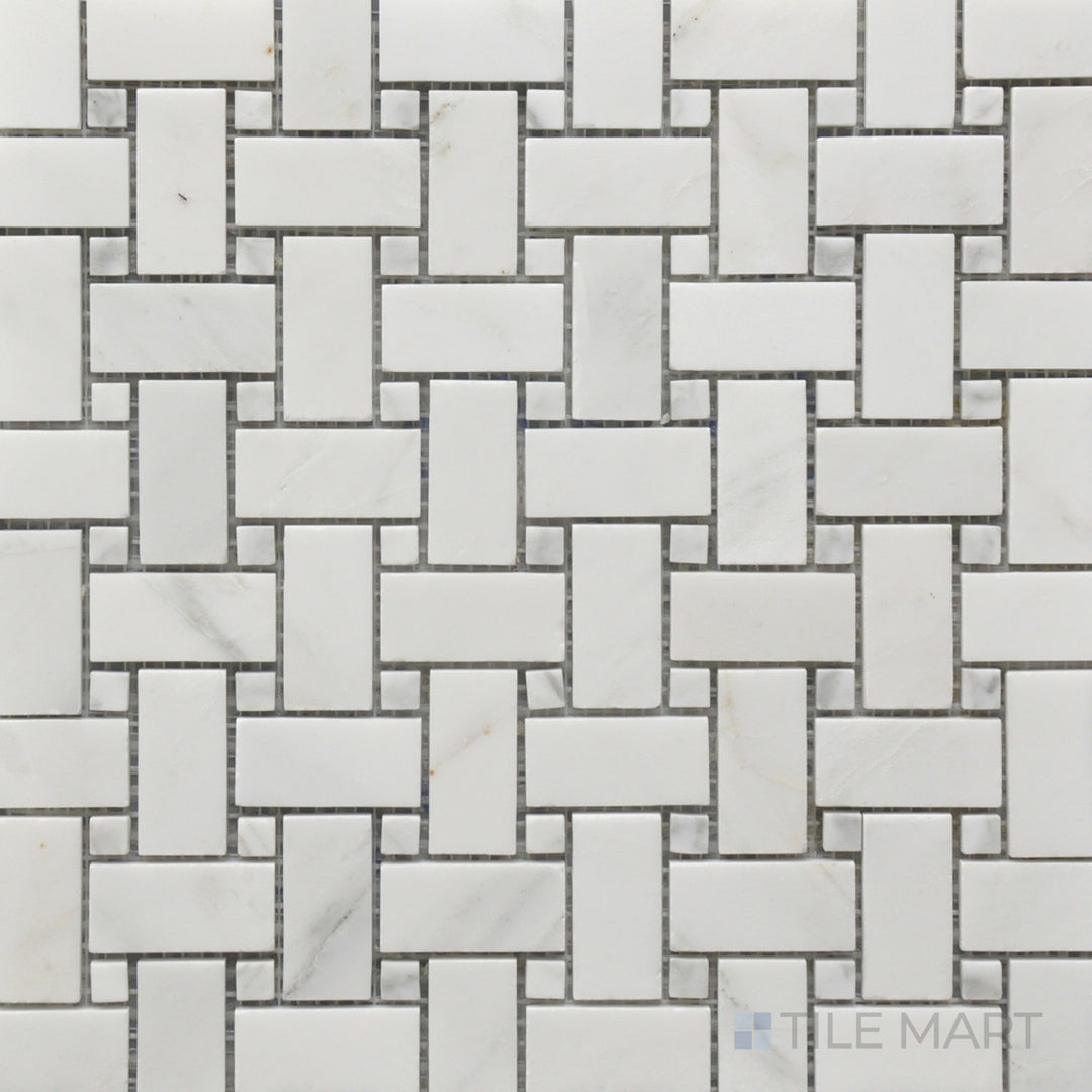 A high-angle view of the Rockart Oriental White Basket Weave Polished Marble Mosaic highlights its elegant white marble interwoven in a basket weave pattern, adding depth and sophistication.