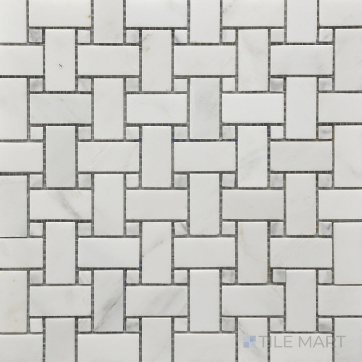 A high-angle view of the Rockart Oriental White Basket Weave Polished Marble Mosaic highlights its elegant white marble interwoven in a basket weave pattern, adding depth and sophistication.