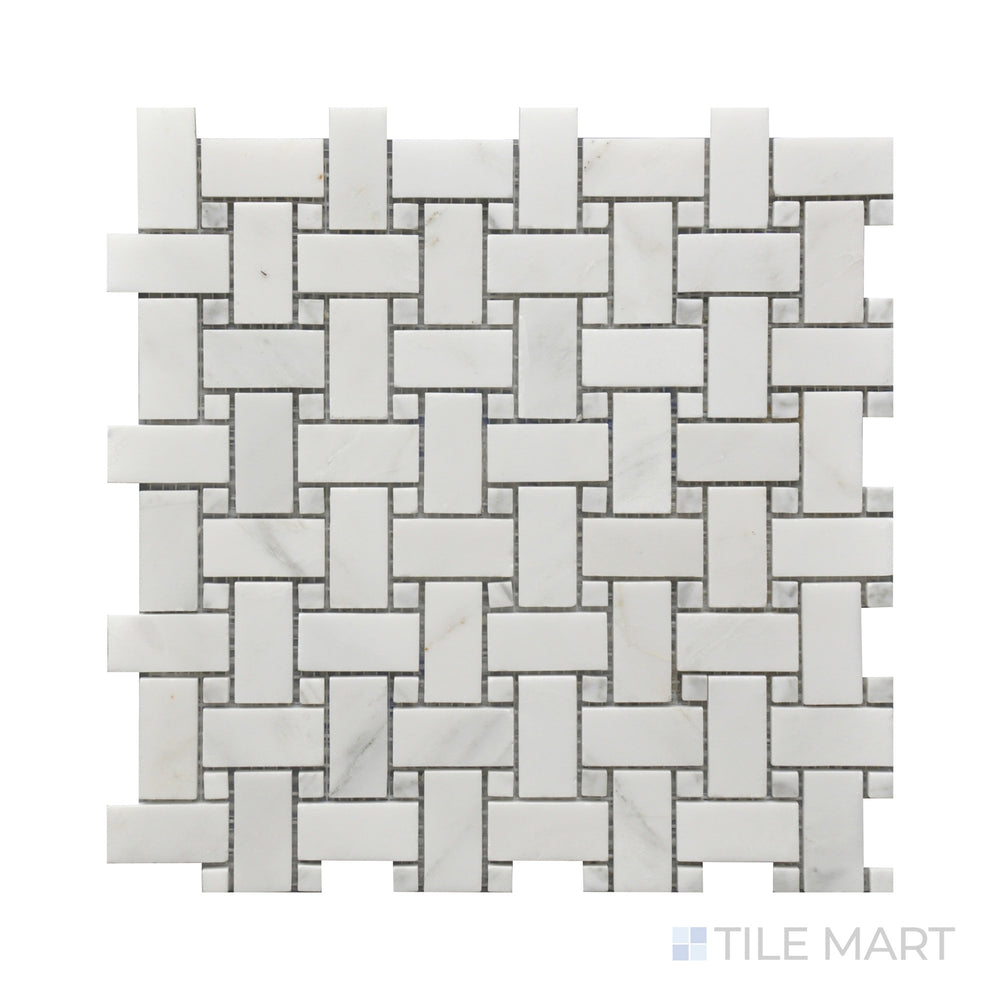 A refined close-up of Rockart Oriental White Basket Weave Polished Marble Mosaic, showcasing an interwoven pattern in bright white marble with polished elegance.