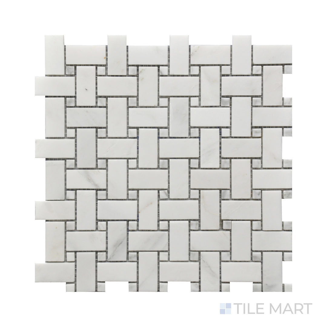 A refined close-up of Rockart Oriental White Basket Weave Polished Marble Mosaic, showcasing an interwoven pattern in bright white marble with polished elegance.