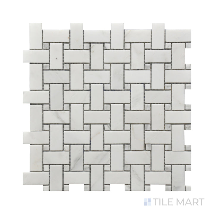 A refined close-up of Rockart Oriental White Basket Weave Polished Marble Mosaic, showcasing an interwoven pattern in bright white marble with polished elegance.