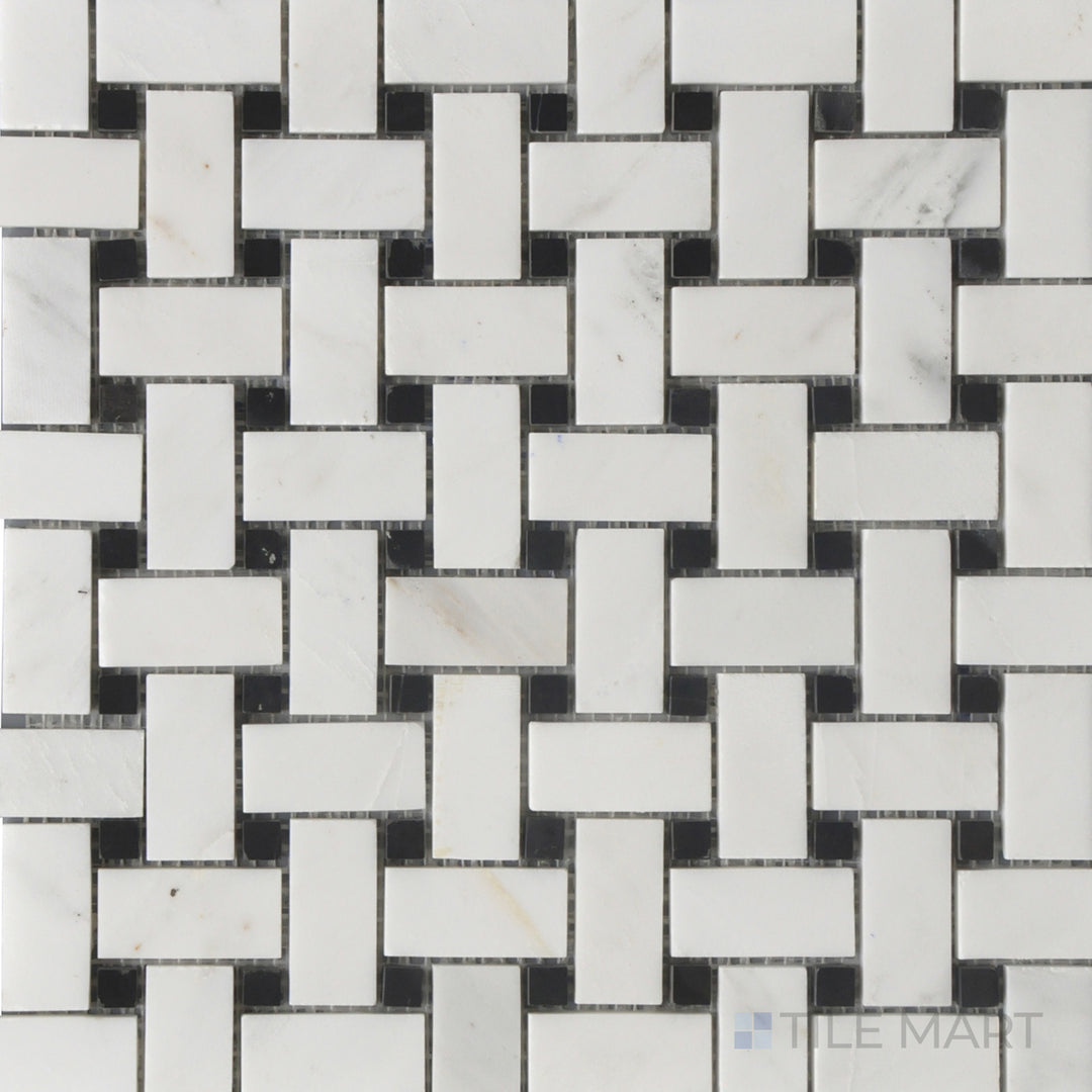 This top-down shot of the Rockart Oriental White & Mongolia Black Basket Weave Polished Mosaic showcases a bold mix of white and black marble in a refined basket weave design for a striking contrast.