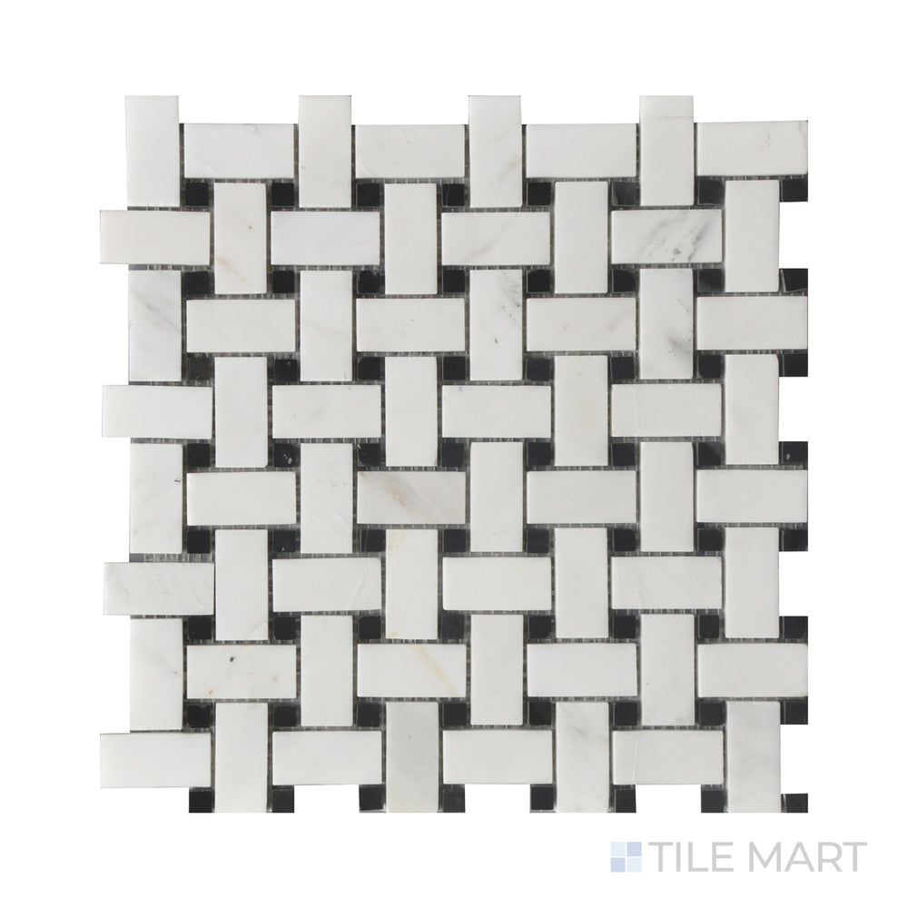 Close-up of Rockart Oriental White & Mongolia Black Basket Weave Polished Mosaic, blending white and black marble in an intricate woven design with a polished surface.