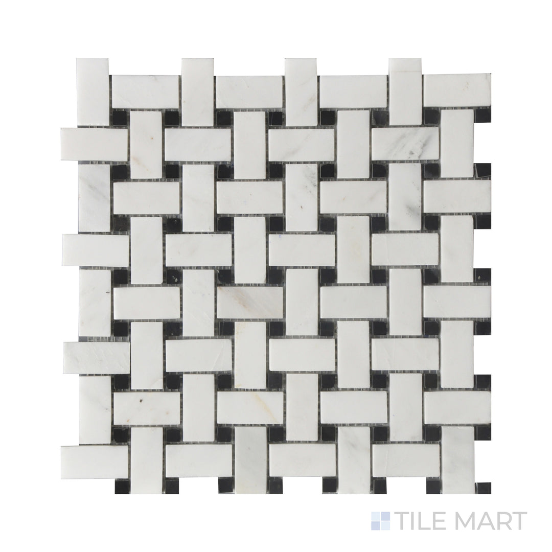Close-up of Rockart Oriental White & Mongolia Black Basket Weave Polished Mosaic, blending white and black marble in an intricate woven design with a polished surface.