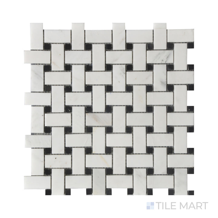 Close-up of Rockart Oriental White & Mongolia Black Basket Weave Polished Mosaic, blending white and black marble in an intricate woven design with a polished surface.