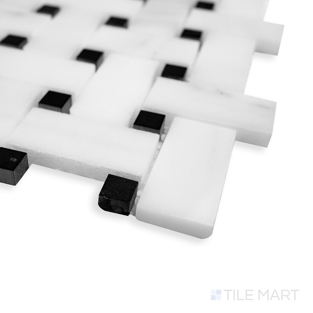 Rockart Oriental White & Mongolia Black Basket Weave polished mosaic in a stylish corner perspective, featuring a striking contrast between crisp white and deep black marble.