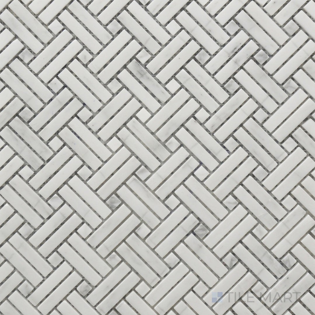 An overhead view of the Rockart Crossed Basket Weave Polished Oriental White Mosaic showcases its intricate interwoven pattern with polished white marble, creating a refined and classic look.