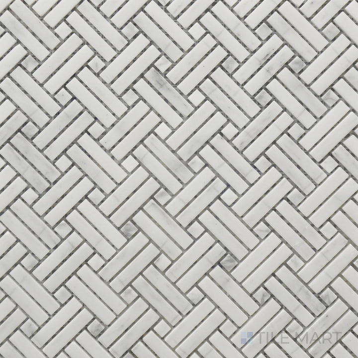 An overhead view of the Rockart Crossed Basket Weave Polished Oriental White Mosaic showcases its intricate interwoven pattern with polished white marble, creating a refined and classic look.