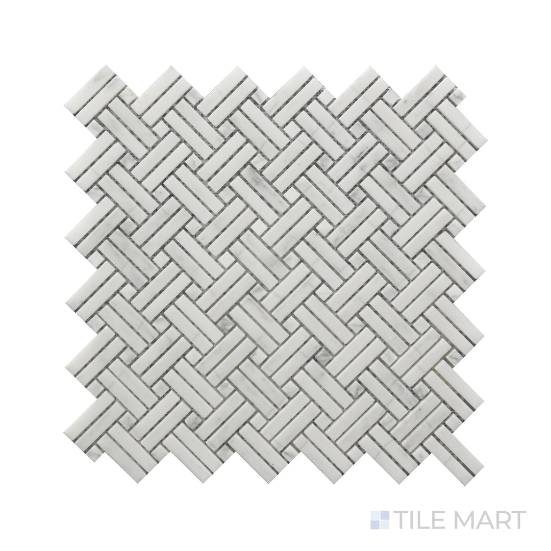 Detailed look at Rockart Crossed Basket Weave Polished Oriental White Mosaic, where precision-cut marble pieces create a sophisticated woven effect in a polished finish.