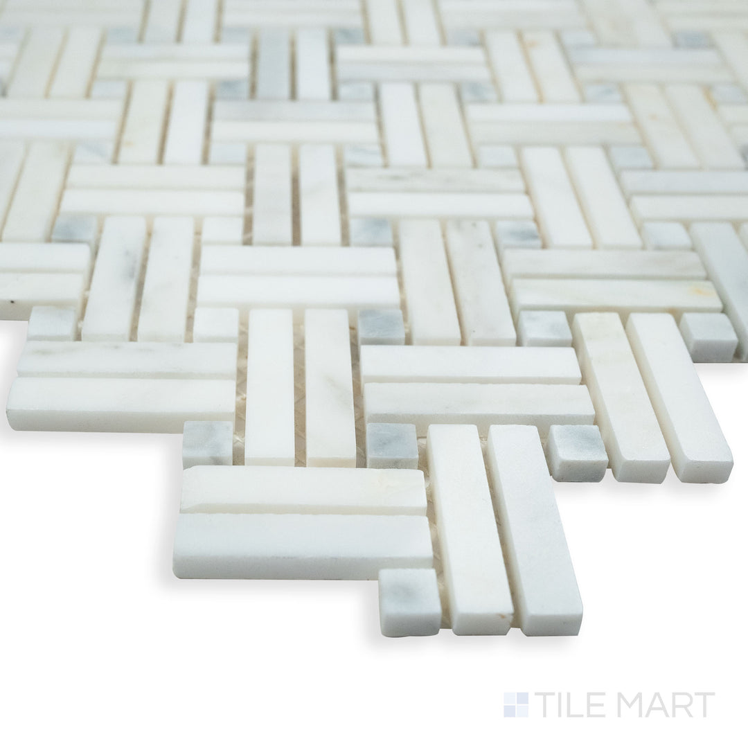 A detailed corner shot of Rockart Crossed Basket Weave polished Oriental White mosaic, emphasizing its elegant woven pattern and smooth polished finish.