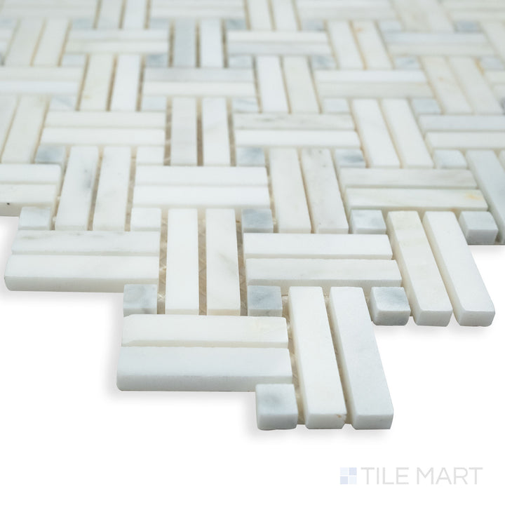 A detailed corner shot of Rockart Crossed Basket Weave polished Oriental White mosaic, emphasizing its elegant woven pattern and smooth polished finish.