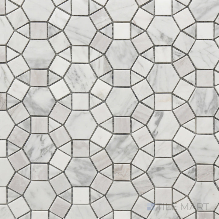 A top-down shot of the Rockart Kaleidoscope Polished Volakas and Shell Mosaic presents a mesmerizing geometric design with polished marble and shell inlays, adding texture and elegance.