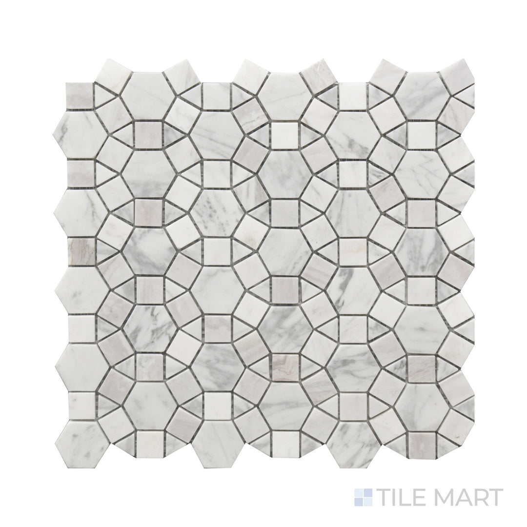 Close-up of Rockart Kaleidoscope Polished Volakas, Shell Mosaic, featuring delicate white marble with subtle gray veining in an intricate geometric layout.