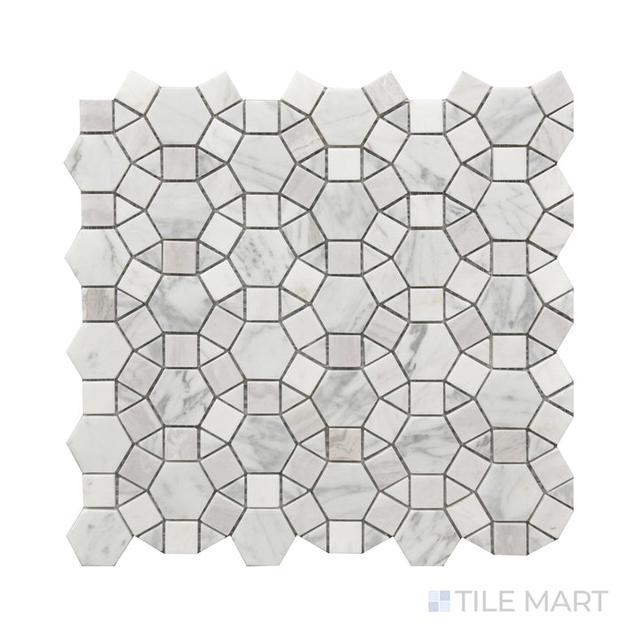 Close-up of Rockart Kaleidoscope Polished Volakas, Shell Mosaic, featuring delicate white marble with subtle gray veining in an intricate geometric layout.