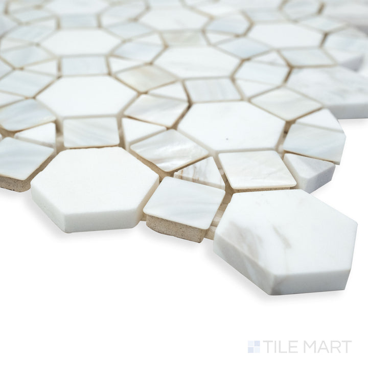 Rockart Kaleidoscope polished Volakas and shell mosaic in a unique corner perspective, featuring a dynamic geometric arrangement and natural stone texture.