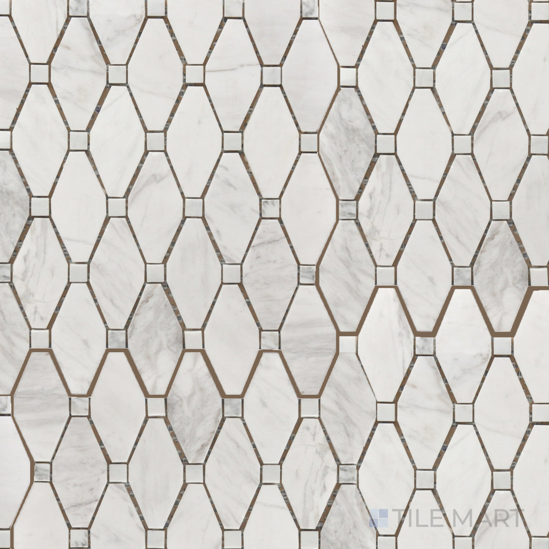 An overhead view of the Rockart Large Rhombus Polished Carrara Mosaic highlights its bold rhombus-shaped Carrara marble tiles, showcasing elegant veining for a timeless aesthetic.