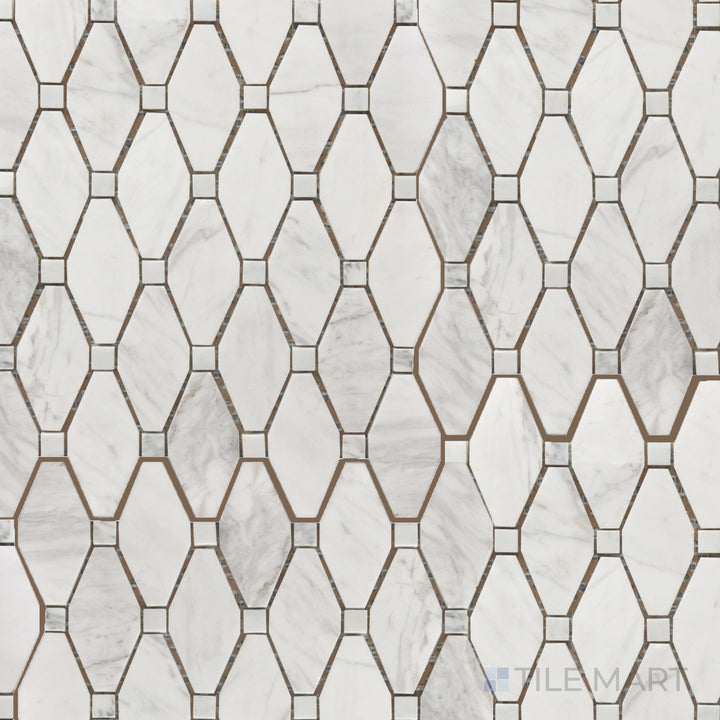 An overhead view of the Rockart Large Rhombus Polished Carrara Mosaic highlights its bold rhombus-shaped Carrara marble tiles, showcasing elegant veining for a timeless aesthetic.