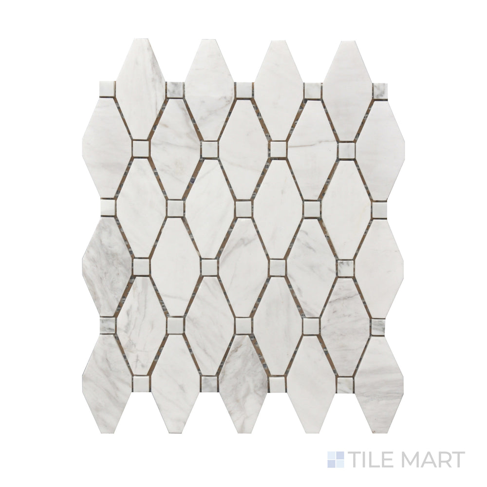 A zoomed-in view of Rockart Large Rhombus Polished Carrara Mosaic, showcasing the soft white background and gray veining of Carrara marble in a refined rhombus pattern.