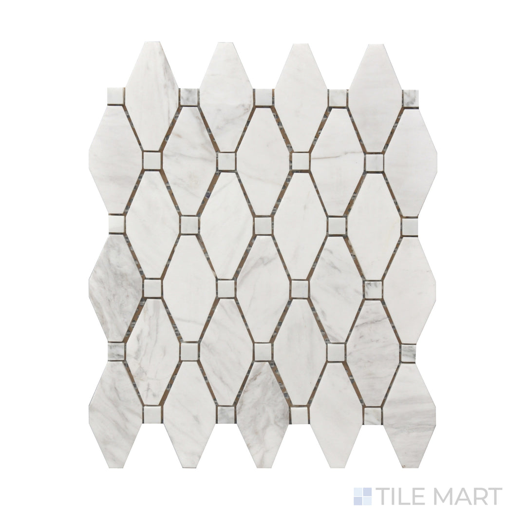 A zoomed-in view of Rockart Large Rhombus Polished Carrara Mosaic, showcasing the soft white background and gray veining of Carrara marble in a refined rhombus pattern.