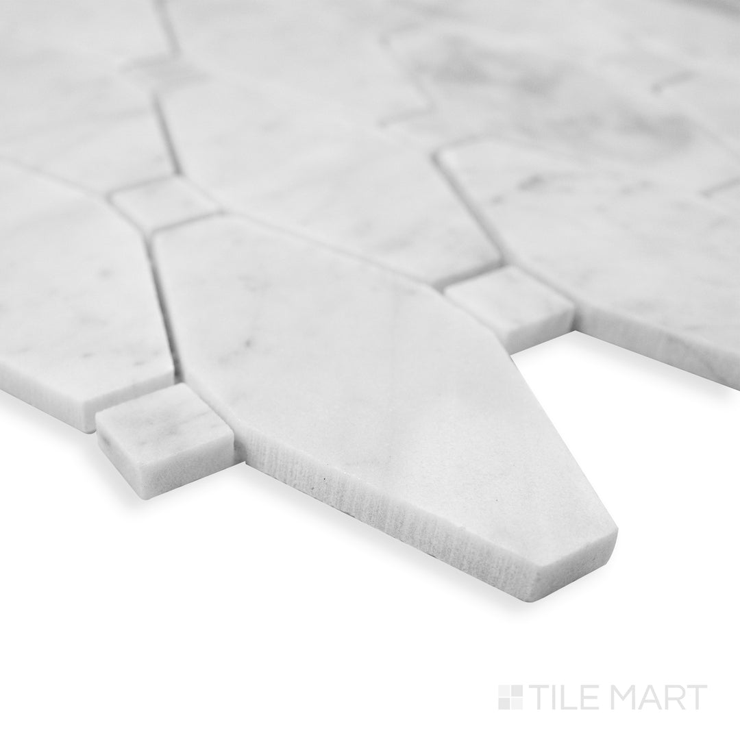 A bold and modern corner view of Rockart Large Rhombus polished Carrara mosaic, showcasing its angular shapes and sleek marble finish.