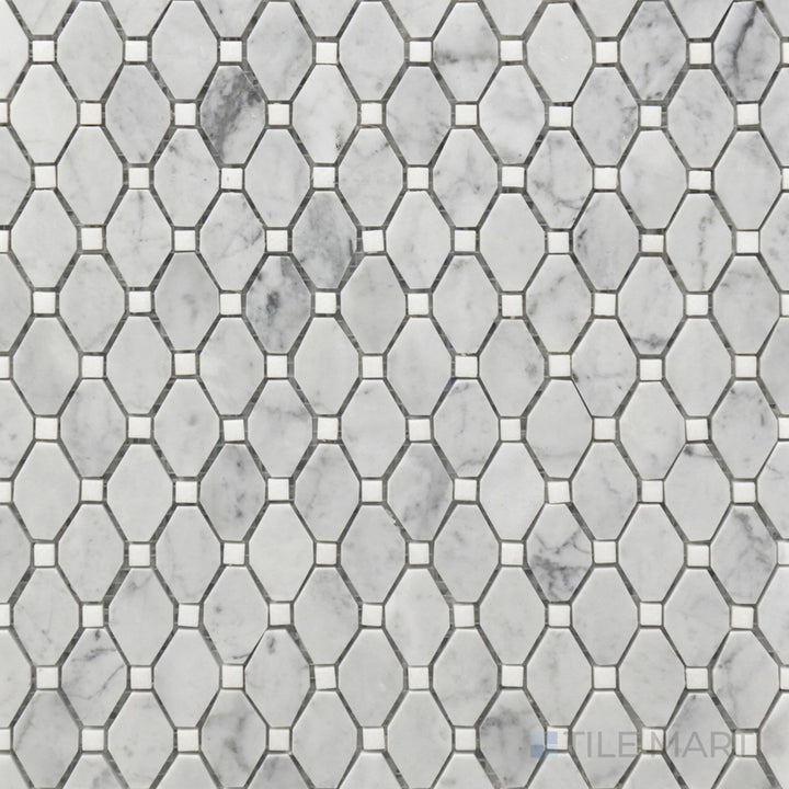 Seen from above, the Rockart Small Rhombus Polished Carrara Mosaic features crisp white Carrara marble arranged in a precise rhombus pattern, offering a sleek and sophisticated touch.