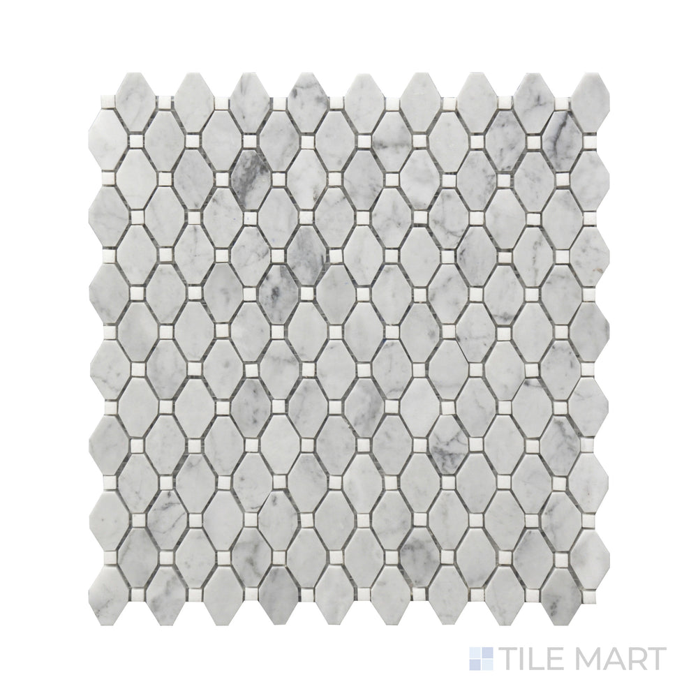 Close-up of Rockart Small Rhombus Polished Carrara Mosaic, highlighting its intricate geometric design with premium Carrara marble and a polished surface.