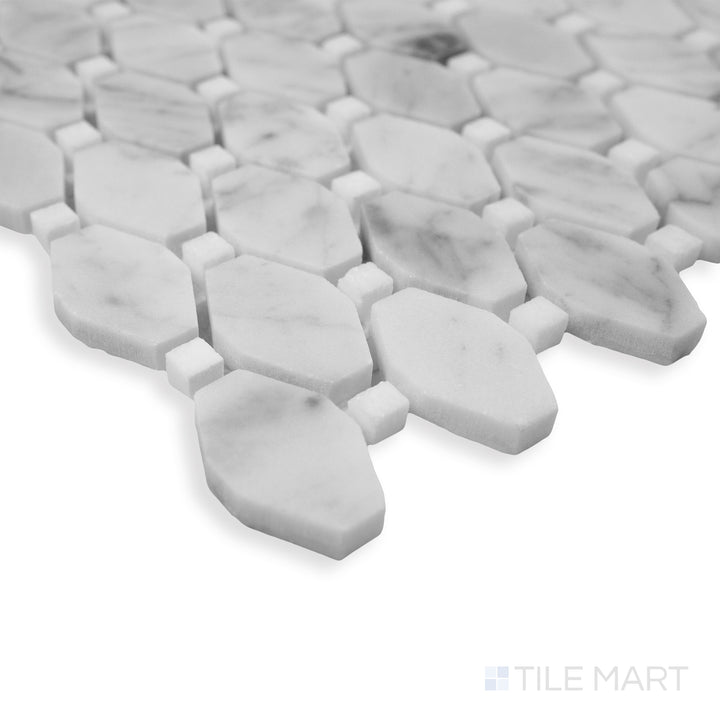 Rockart Small Rhombus polished Carrara mosaic in a corner shot, highlighting its delicate geometric pattern and polished white marble surface.