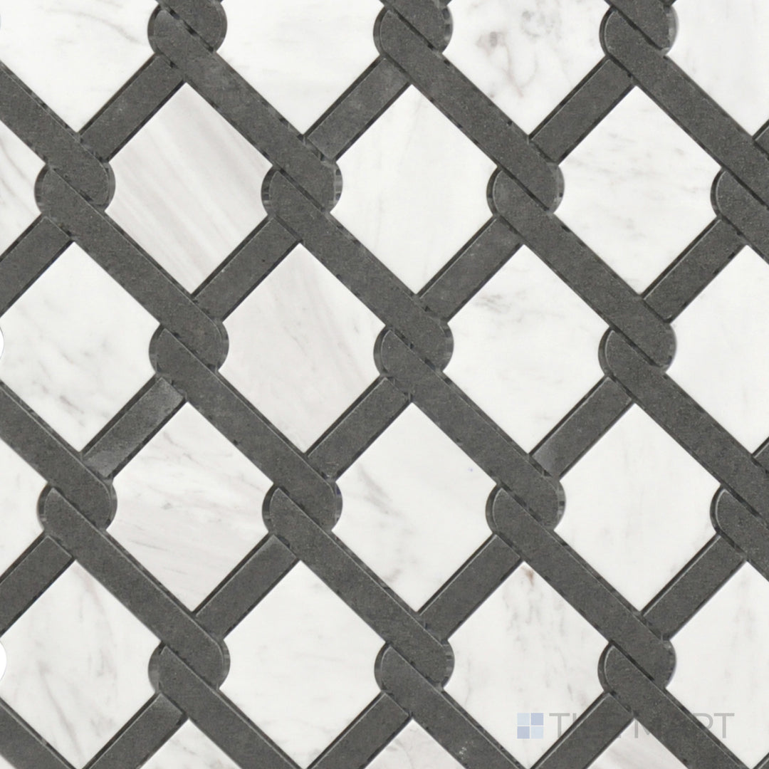 This bird’s-eye perspective of the Rockart Volakas & Mongolia Black Medallion Polished Mosaic showcases a striking contrast between white Volakas marble and deep black marble in an elegant medallion pattern.