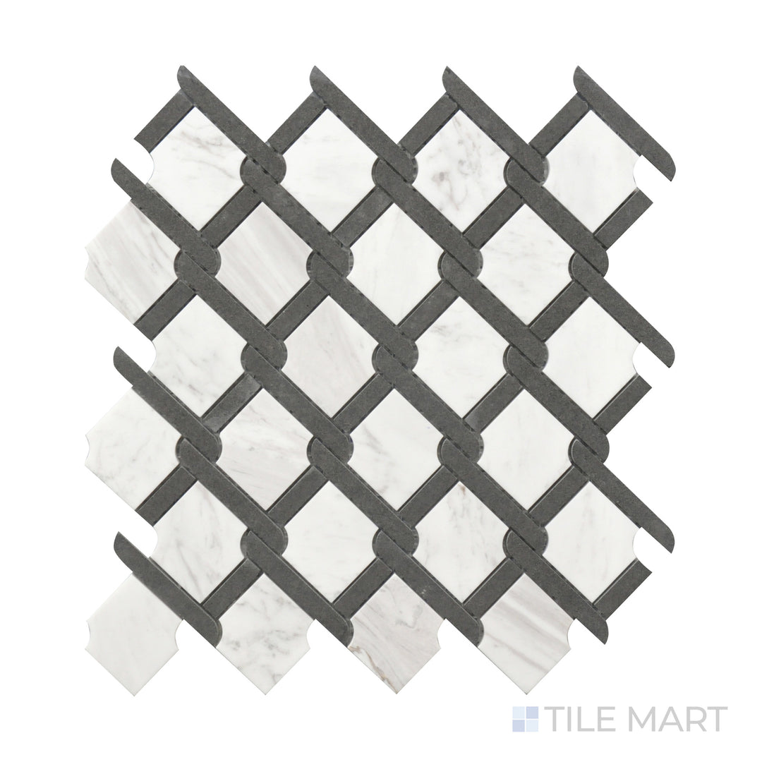 Detailed close-up of Rockart Volakas & Mongolia Black Medallion Polished Mosaic, combining elegant white Volakas marble with bold black medallion accents.