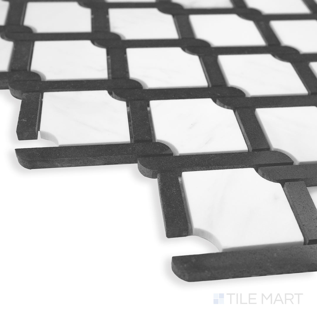 A luxurious corner perspective of Rockart Volakas & Mongolia Black Medallion polished mosaic, featuring an elegant contrast of soft white and deep black marble.