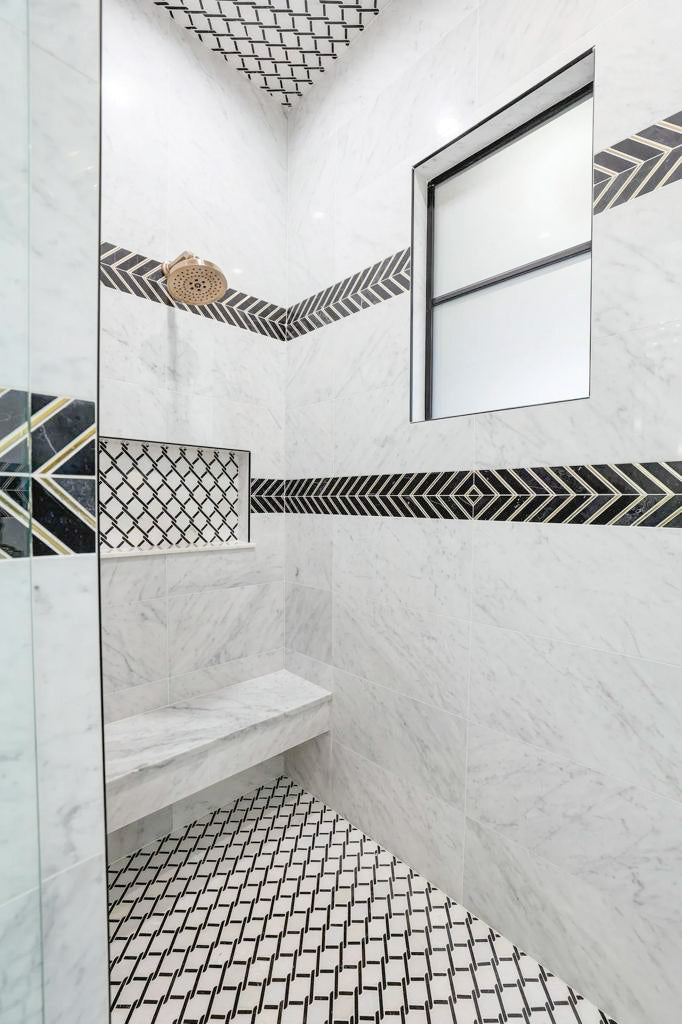 Rockart Volakas & Mongolia Black Medallion polished mosaic with bold contrasts and intricate detailing for a luxurious look.