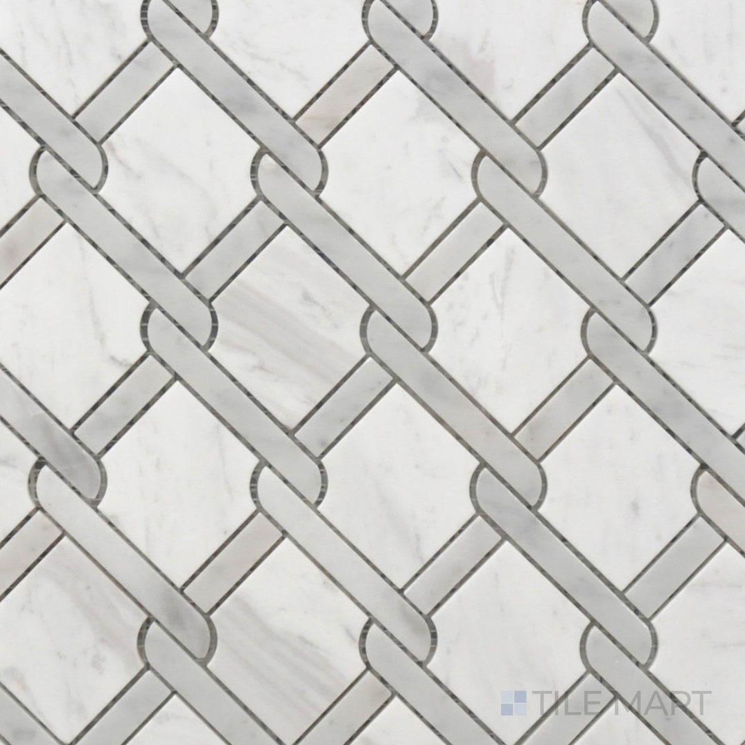 A top-down perspective of the Rockart Gray Medallion Polished Volakas and Carrara Mosaic displays a blend of soft gray Volakas and white Carrara marble in a polished medallion pattern, adding depth and luxury.