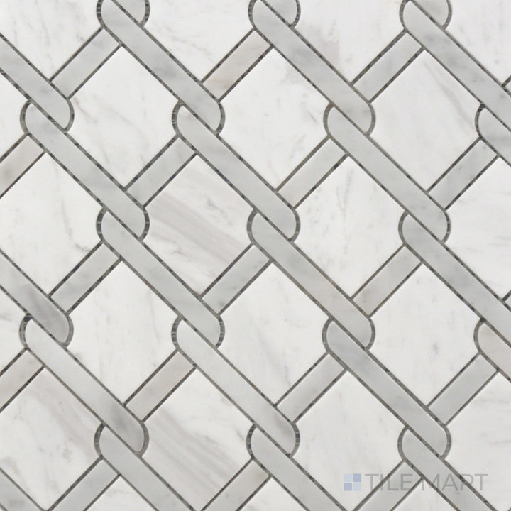 A top-down perspective of the Rockart Gray Medallion Polished Volakas and Carrara Mosaic displays a blend of soft gray Volakas and white Carrara marble in a polished medallion pattern, adding depth and luxury.