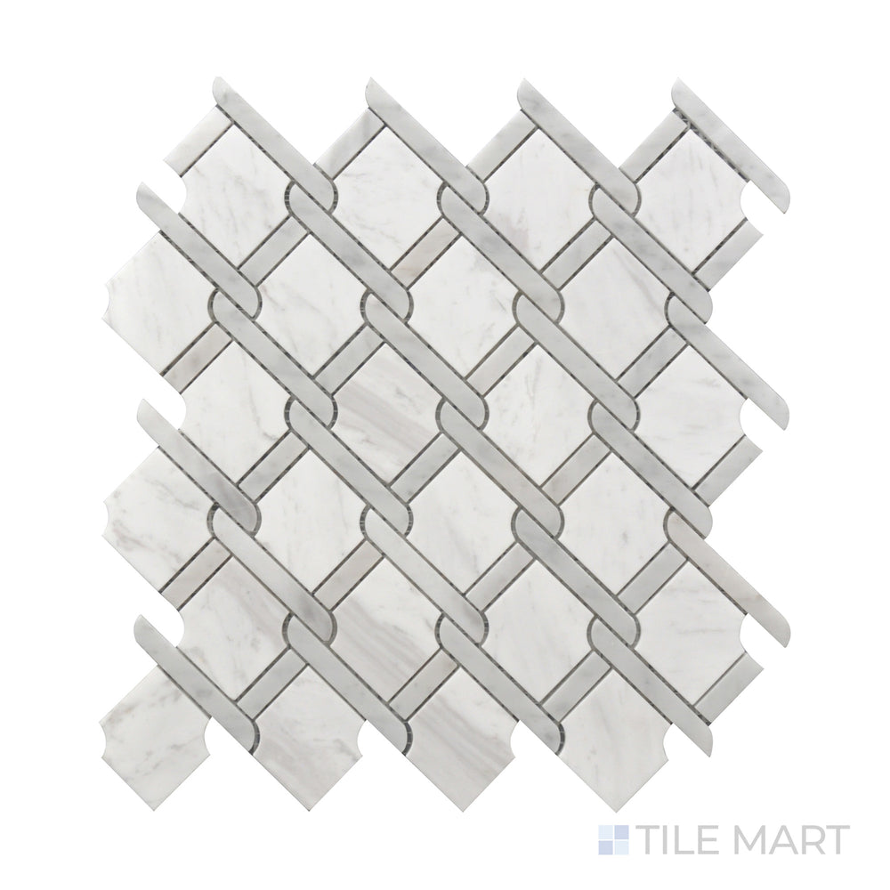 Close-up of Rockart Gray Medallion Polished Volakas, Carrara Mosaic, blending soft gray and white marble in a sophisticated medallion-inspired pattern.