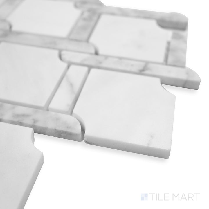 Rockart Gray Medallion polished Volakas and Carrara mosaic in a close-up corner view, showcasing its refined circular patterns and smooth polished texture.